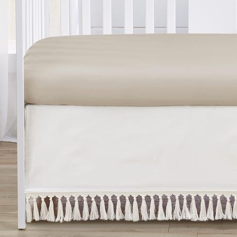 Sweet Jojo Designs Ivory Boho Chic Sun Boy Girl Baby Crib Bedding Set Infant Nursery Room Blanket Fitted Sheet Skirt Diaper Stacker 4pc Cotton Bohemian Shabby Gender Neutral Modern Beige Tufted Fringe in Saudi Arabia