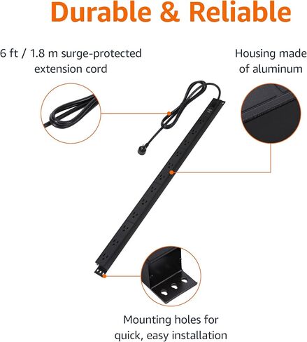 Amazon BASICS 16 Outlet Surge Protector Strip ، Heavy Duty ، Metal ، 600 Joule ، 6 أقدام من الحبل ، مستطيل ، قابل للتركيب ، أسود in Saudi Arabia
