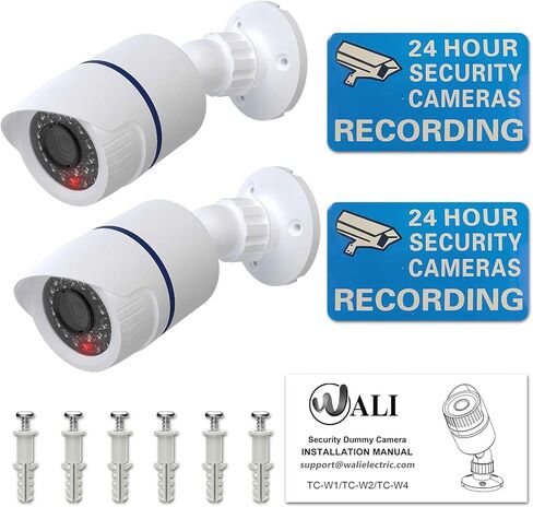WALI Bullet Dummy Fake Surveillance Security CCTV Dome Camera Indoor Outdoor with One LED Light, Security Alert Sticker Decals (TC-B2), 2 Packs, Black in Kuwait