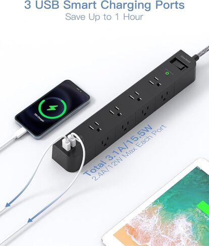 امتداد سلك 15 قدمًا ، شريط طاقة للوقاية من زيادة 8 منافذ AC 3 USB （2 USB C） ، شريط الطاقة المسطح ، محطة شحن سطح المكتب مع حماية الحمل الزائد للمنزل ، المكتب ، المسكن ، ETL المدرجة in Kuwait