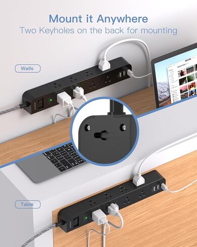 امتداد سلك 15 قدمًا ، شريط طاقة للوقاية من زيادة 8 منافذ AC 3 USB （2 USB C） ، شريط الطاقة المسطح ، محطة شحن سطح المكتب مع حماية الحمل الزائد للمنزل ، المكتب ، المسكن ، ETL المدرجة in Kuwait