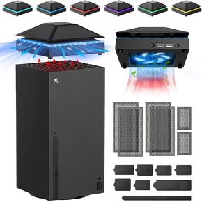 مروحة تبريد FastsNail مع غطاء الغبار لسلسلة Xbox Series X ، مروحة أعلى نظام التبريد مع ضوء RGB ، ومنفذ USB 3.0 و 2.0 ، ومرشح دليل الغبار ، وضوضاء منخفضة مع 3 تروس ، ومقابس غبار مطاطية لملحقات Xbox