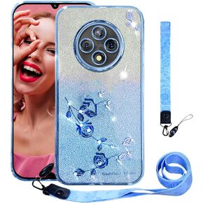 ccsmall bling case for xiaomi redmi 14c 4g with crossbody lanyard ، flight sparkle glitter diamond flower strap cover cover for xiaomi redmi 14c 4g ysh rose