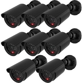Wali Dummy مزيف مراقبة محاكاة أمن CCTV Dome Camera داخلي في الهواء الطلق مع ضوء LED واحد ، تحذير شارات تنبيه أمنية (TC-B8) ، 8 عبوات ، أسود