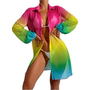 GORGLITTER Women's Button Down Cover Up Blouse Sheer Long Sleeve Swimsuit Kimono Shirts