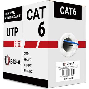 Big -A - كابل Cat6 السائبة 1000 قدم 23awg الصلبة 4 ، Cat 6 Ethernet Cable الزوج الملتوي غير الملتوي (UTP) ، (CMR) كابل الإنترنت 550 ميجا هرتز ، صندوق السحب - أسود
