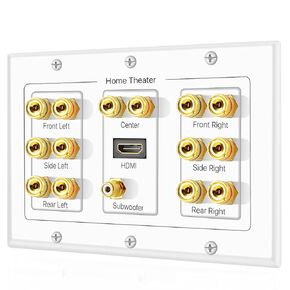TNP Home Theatre Wall Plate - 3 -Gang 7.2 توزيع صوت محيطي W/Premium Gold Copper Banana Banana Post Conning for 7 مكبرات صوت ، 2 RCA Jack لمضخم الصوت ، 3 منفذ HDMI لـ UHD 4K HD 1080p
