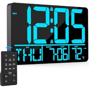 ساعة حائط رقمية مقاس 13 بوصة مع جهاز تحكم عن بعد، 25 نغمة رنين، درجة الحرارة، التقويم، 0-100% سطوع تلقائي أو مخصص، 12/24 ساعة، التوقيت الصيفي، مؤقت، لغرفة المعيشة، المطبخ، غرفة النوم، المكتب، كبار السن in Kuwait