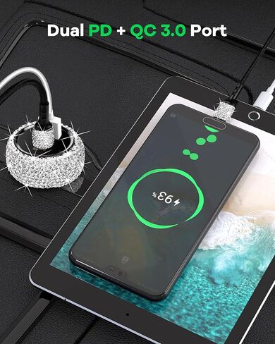 شاحن سيارة Bling USB C، محول شحن سريع بمنفذ مزدوج 48 وات PD + QC مع كابل شحن USB من النوع C بطول 3.2 قدم متوافق مع iPhone 15 Pro Max iPad Samsung Galaxy Android (وردي) in Kuwait