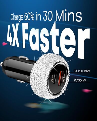 شاحن سيارة Bling USB C، محول شحن سريع بمنفذ مزدوج 48 وات PD + QC مع كابل شحن USB من النوع C بطول 3.2 قدم متوافق مع iPhone 15 Pro Max iPad Samsung Galaxy Android (وردي) in Kuwait