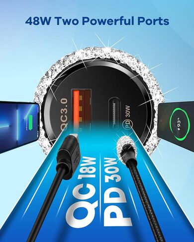 شاحن سيارة Bling USB C، محول شحن سريع بمنفذ مزدوج 48 وات PD + QC مع كابل شحن USB من النوع C بطول 3.2 قدم متوافق مع iPhone 15 Pro Max iPad Samsung Galaxy Android (وردي) in Kuwait