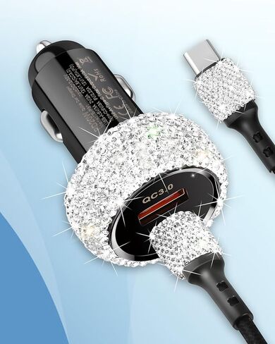 شاحن سيارة Bling USB C، محول شحن سريع بمنفذ مزدوج 48 وات PD + QC مع كابل شحن USB من النوع C بطول 3.2 قدم متوافق مع iPhone 15 Pro Max iPad Samsung Galaxy Android (وردي) in Kuwait