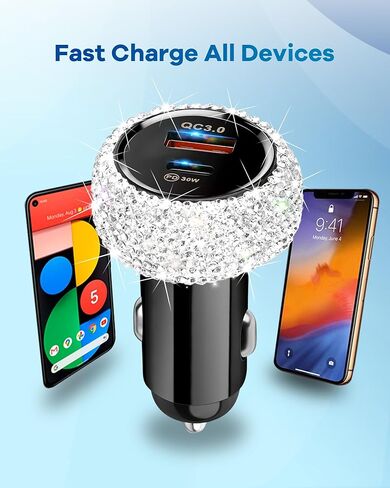 شاحن سيارة Bling USB C، محول شحن سريع بمنفذ مزدوج 48 وات PD + QC مع كابل شحن USB من النوع C بطول 3.2 قدم متوافق مع iPhone 15 Pro Max iPad Samsung Galaxy Android (وردي) in Kuwait