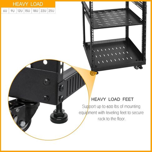 حامل شبكة RIVECO 25U مع لوحات تهوية علوية وسفلية معززة - 4 عجلات دوارة حامل أرضي لمعدات مقاس 19 بوصة ومعدات استيريو - بما في ذلك رف حامل 2 قطعة 1U وشريط طاقة PDU مثبت على السكك الحديدية الأساسية in Saudi Arabia