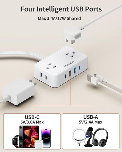 HOPOW Flat Plug Extension Cord, 4AC&2A2C, 6 FT Power Strip for Travel in Kuwait