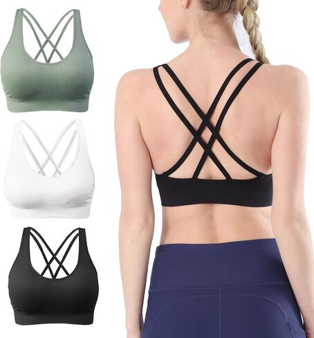 AKAMC Women's Removable Padded Sports Bras Medium Support Workout Yoga Bra 3 Pack in Kuwait