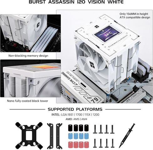 Thermalright Burst Assassin 120 Vision Digital CPU Cooler - IPS 2.4-inch Square Rotatable Display, 120mm Forward and Reverse Fan Design, Support Intel LGA1700/1150/1151/1200/1851, AMD AM4/AM5|White in Saudi Arabia