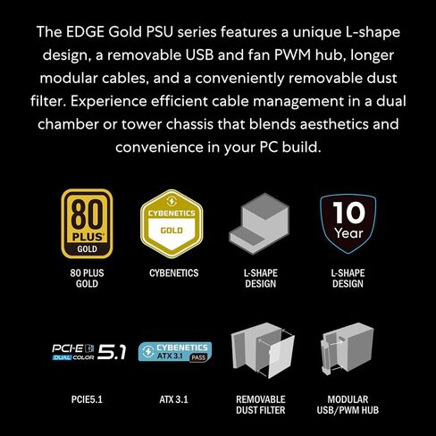 Lian Li Edge Series-1200W مزود الطاقة المعياري الكامل (يشمل محور المروحة)-تصميم Gold-ATX 3.0 ، 3.1-PCIE 5.1-L من أجل دعم مروحة FDB Dust Ramber Case-120MM حتى 4 جهاز USB-أسود (EG1200G. BH) in Kuwait