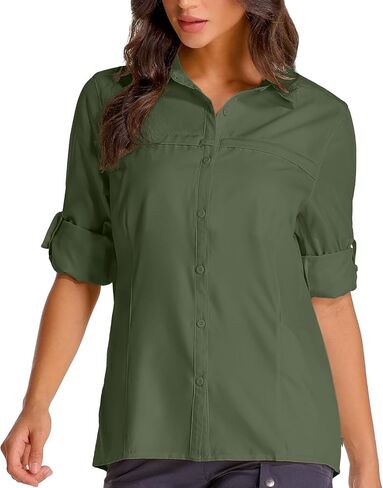Womens UPF 50 UV Sun Protection Safari Shirts Quick Dry Lightweight Fishing Travel Hiking Outdoor Shirt with Zipper Pockets in Kuwait