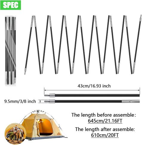 2PCSX20Feet Length，Tent Pole,Kids Tent Poles Replacement Poles for Kids Tent ， 9.5mm ，Hiking and Camping Tarp，Suitable for All Kinds of Outdoor Camping Tent；15 Poles Included； (2PCSX20Feet Length) in Kuwait