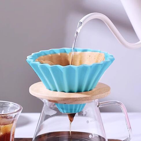 Ceramic Coffee Dripper with Wood Cup Stand Pour Over Coffee Maker Elegant Flower-shape V60 Strainer for 1-2 Cups Slow Brewing Accessories for Home Coffee Shops Restaurants White in Kuwait