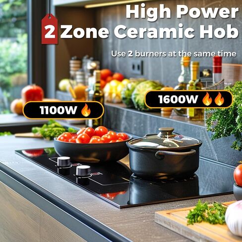 2 Burner Electric Cooktop,110v Electric Cooktop with Knob Control,12 Inch Countertop & Built-in Ceramic Cooktop with Child Safety Lock, Timer, 9 Power Levels and Over-Temperature Protection in Kuwait