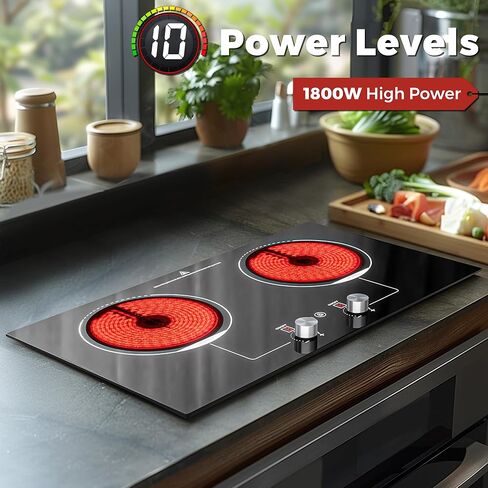 2 Burner Electric Cooktop,110v Electric Cooktop with Knob Control,12 Inch Countertop & Built-in Ceramic Cooktop with Child Safety Lock, Timer, 9 Power Levels and Over-Temperature Protection in Kuwait
