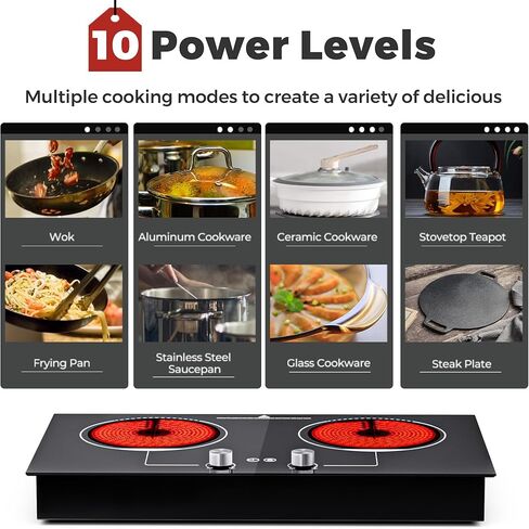 2 Burner Electric Cooktop,110v Electric Cooktop with Knob Control,12 Inch Countertop & Built-in Ceramic Cooktop with Child Safety Lock, Timer, 9 Power Levels and Over-Temperature Protection in Kuwait