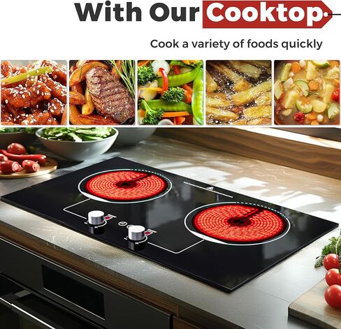 2 Burner Electric Cooktop,110v Electric Cooktop with Knob Control,12 Inch Countertop & Built-in Ceramic Cooktop with Child Safety Lock, Timer, 9 Power Levels and Over-Temperature Protection in Kuwait