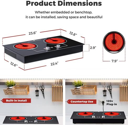 2 Burner Electric Cooktop,110v Electric Cooktop with Knob Control,12 Inch Countertop & Built-in Ceramic Cooktop with Child Safety Lock, Timer, 9 Power Levels and Over-Temperature Protection in Kuwait