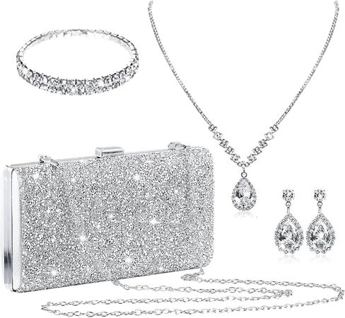 stablerice 4 Pieces Women Rhinestone Evening Clutch Bag Silver Clutch Purses Bag for Women Evening Rhinestone Jewelry Set Bling Necklace Earrings Bracelets Set for Wedding in Saudi Arabia