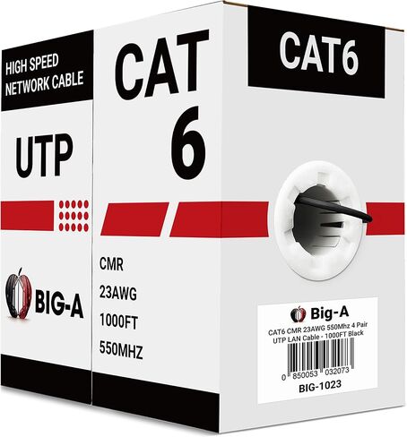 Big -A - كابل Cat6 السائبة 1000 قدم 23awg الصلبة 4 ، Cat 6 Ethernet Cable الزوج الملتوي غير الملتوي (UTP) ، (CMR) كابل الإنترنت 550 ميجا هرتز ، صندوق السحب - أسود in Kuwait