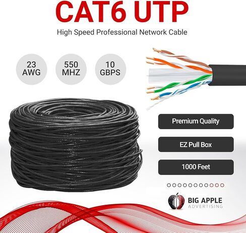 Big -A - كابل Cat6 السائبة 1000 قدم 23awg الصلبة 4 ، Cat 6 Ethernet Cable الزوج الملتوي غير الملتوي (UTP) ، (CMR) كابل الإنترنت 550 ميجا هرتز ، صندوق السحب - أسود in Kuwait
