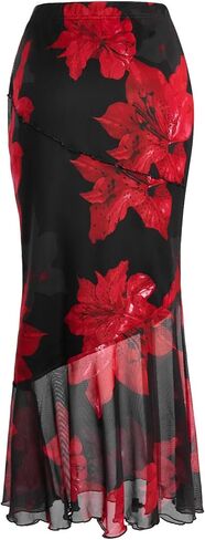 تنورة طويلة للسيدات من Verdusa بخصر عالٍ وطبعات زهور وحاشية مكشكشة وذيل السمكة in Kuwait