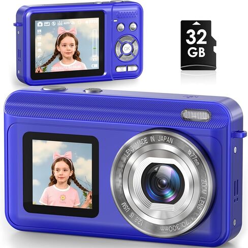 Digital Camera, Real 2.7K Dual-Screen Digital Camera for Photography Auto-Focus Vlogging Camera for YouTube Video 16x Zoom 32GB SD Card Anti Shake Compact Camera for Student Teen Boys Girls Kids in Saudi Arabia