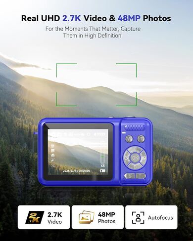 Digital Camera, Real 2.7K Dual-Screen Digital Camera for Photography Auto-Focus Vlogging Camera for YouTube Video 16x Zoom 32GB SD Card Anti Shake Compact Camera for Student Teen Boys Girls Kids in Saudi Arabia