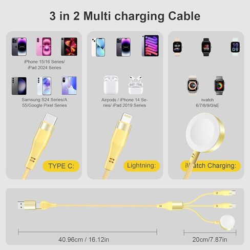 Travlel 3 in 2 Multi Charging Cable For Apple Watch Charger Fast Charging For iWatch Charger Nylon Braid USB C/A Compatible with iWatch Ultra/Series 10/9/8/7/6/SE2/5/4/3/2 & iPhone 16/15/14/Galaxy-2FT in Saudi Arabia