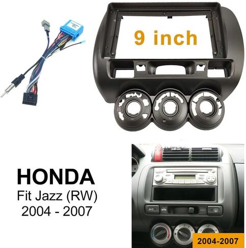 9'' Car Radio Stereo Dash Frame Fascia Bezel Panel with Power Harness Compatible for Honda Fit Jazz 2004 05 06 07 LHD Install Mount Kit in Kuwait