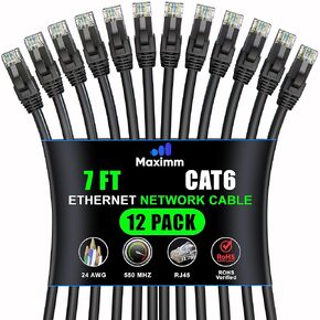 Maximm Cat 6 Ethernet Cable - 12 ft (12-Pack), High-Speed LAN, Internet, Patch, and Network Cable - UTP, 10Gbps, 550MHz Ethernet Cord - Gray