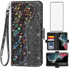 Asuwish Phone Case for Samsung Galaxy S22 Ultra 5G Wallet Woallet with Screen Screens and Wrist Strap Flip حامل بطاقة Bling Glitt