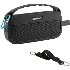 علبة تغطية السيليكون لـ Bose Soundlink Flex (2nd Gen) مكبر صوت لاسلكي ، وغطاء سيليكون واقعي للسفر مع Carabiner وحزام الكتف لمكبر صوت Flex Soundlink (Black-01)