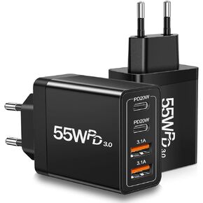 European USB C Charger 2 Pack ، 55W European Travel Plug Adapter 4-Port Fast Charger Type C Charger Carger USA إلى محول المكونات في أوروبا لـ iPhone 16 15 14 13 11 Pro Max x 8 ، Galaxy ، Android