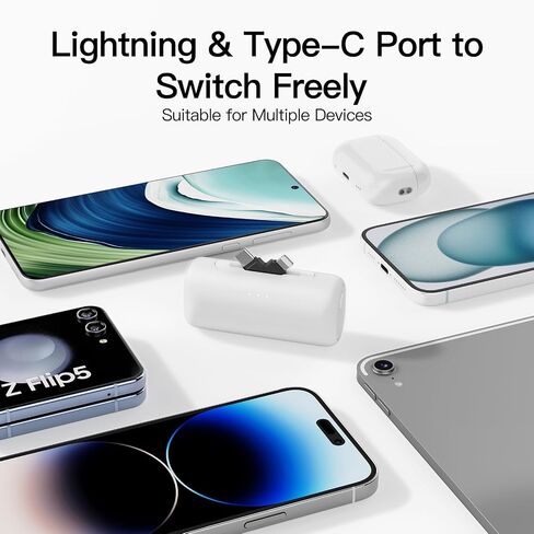 شاحن محمول لـ iPhone مع موصل 2-in-1 ، بنك طاقة صغير 5000 مللي أمبير ، يتوافق شحن سريع مع iPhone 16/15/14/13/12/11 ، Samsung S25/24 ، Android ، Pink in Saudi Arabia