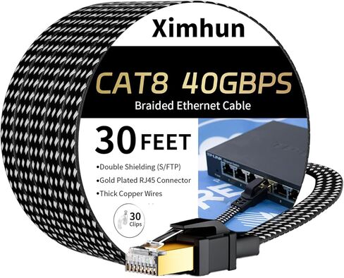 CAT 8 Ethernet Cable 30 FT ، 40GBPS 2000MHz HISH FLAGE CAT8 CATPAL SPATH مع موصل RJ45 المطلي بالذهب ، كابل شبكة شبكة LAN ، جهاز التوجيه/الألعاب/الكمبيوتر ، S/FTP in Kuwait