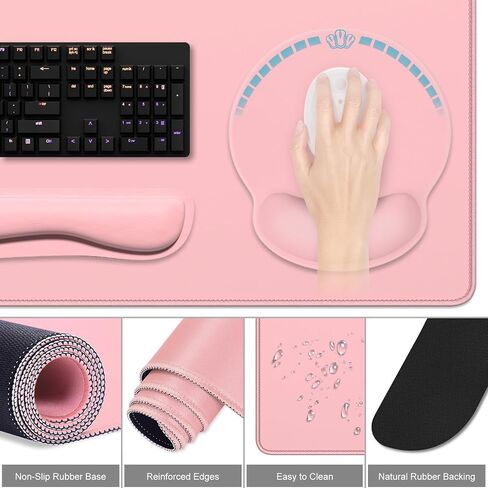 Dapesuom Large Gaming Mouse Pad, Pink Mouse Pads with Wrist Rest Wrist Support, 4in1 Big XXL Desk Mat Desk Pad + Ergonomic Mousepad + Memory Foam Keyboard Mat Wrist Rest + Coaster Set for Computer in Kuwait