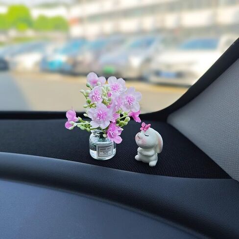 Set of 2 Cute Mini Bunny and Daisy Flower Vase Car Rearview Mirror Ornaments Funny Dashboard Decorations Kawaii Car Interior Accessories for Women Gifts in Kuwait