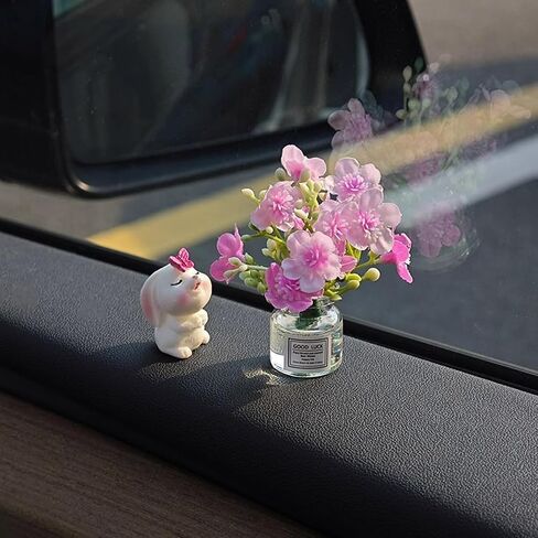 Set of 2 Cute Mini Bunny and Daisy Flower Vase Car Rearview Mirror Ornaments Funny Dashboard Decorations Kawaii Car Interior Accessories for Women Gifts in Kuwait