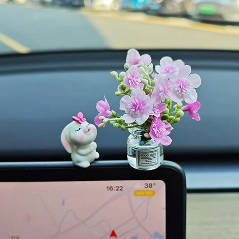 Set of 2 Cute Mini Bunny and Daisy Flower Vase Car Rearview Mirror Ornaments Funny Dashboard Decorations Kawaii Car Interior Accessories for Women Gifts in Kuwait