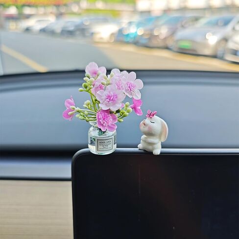 Set of 2 Cute Mini Bunny and Daisy Flower Vase Car Rearview Mirror Ornaments Funny Dashboard Decorations Kawaii Car Interior Accessories for Women Gifts in Kuwait