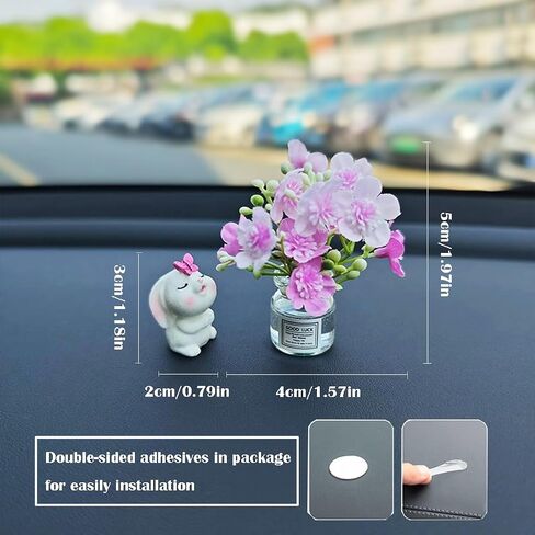 Set of 2 Cute Mini Bunny and Daisy Flower Vase Car Rearview Mirror Ornaments Funny Dashboard Decorations Kawaii Car Interior Accessories for Women Gifts in Kuwait